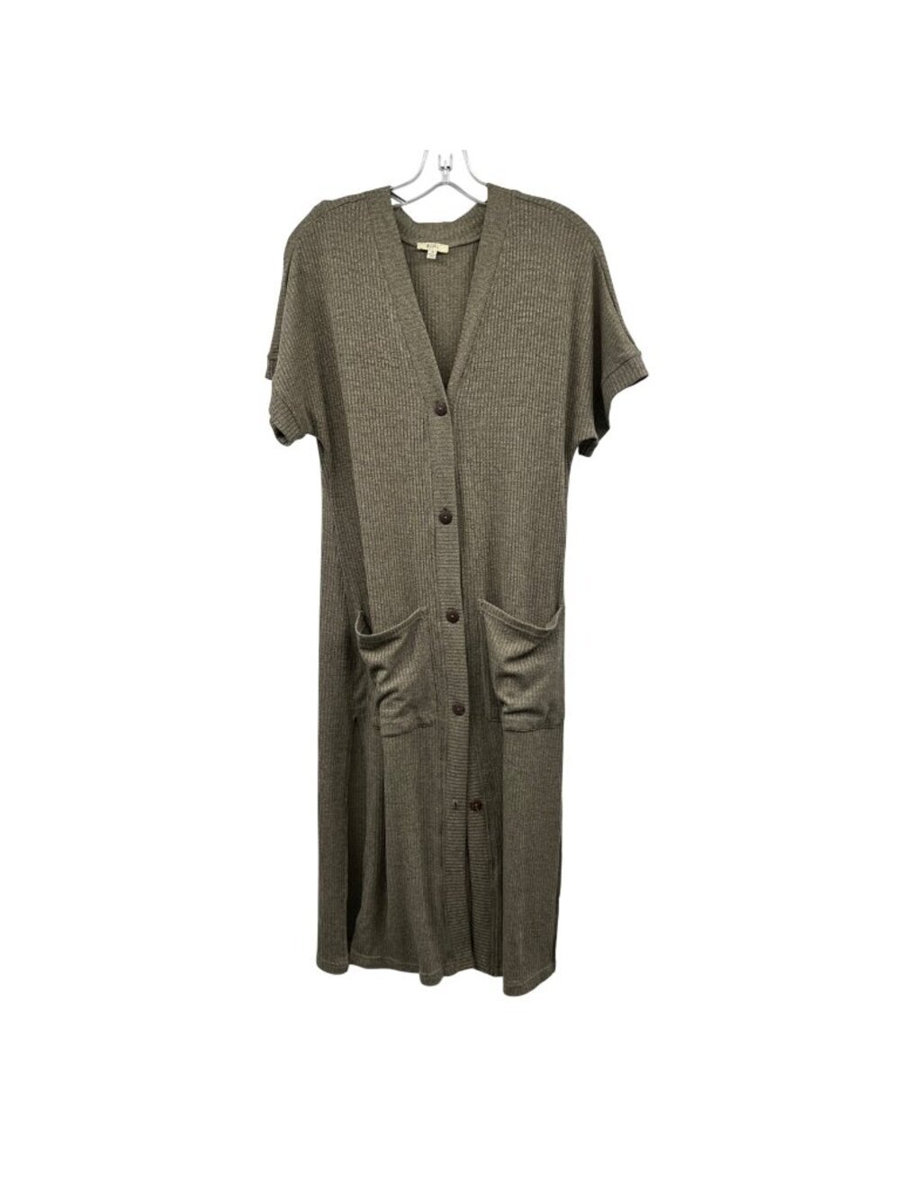 KORI Womens Sweater Dress Midi Button Up Short Sleeve Green Beige Slits Small